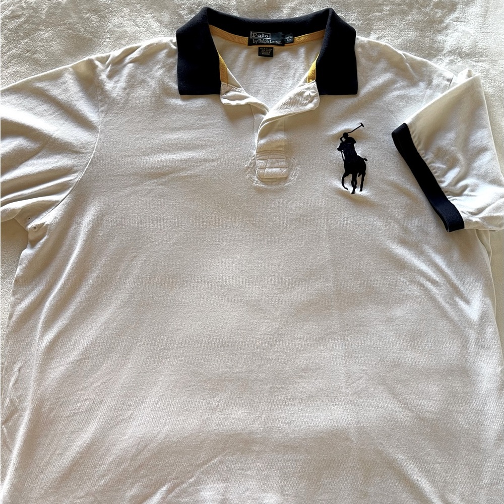 Authentic Polo by Ralph Lauren
Size: 3XB 
Color: White with Navy Blue trim